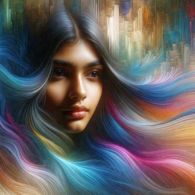 The primary subject of the image is a woman with long, colorful hair. She is the main focus of the image, and her hair is the most prominent feature. The setting is a colorful, abstract background that complements the woman's vibrant hair. The visual style is a combination of photo and digital art, creating a unique and artistic representation of the woman. The colors and mood of the image are lively and energetic, with the woman's hair being the main source of color and visual interest.